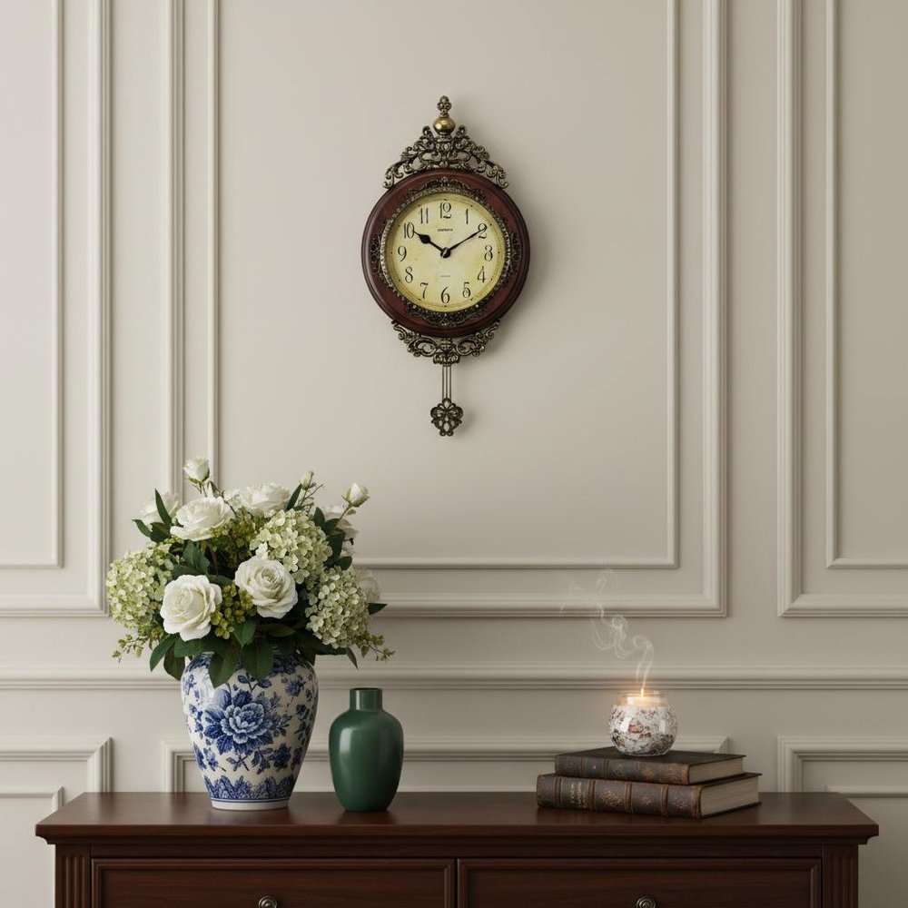 15" Brown And Gold Resin Silent Pendulum Ornate Oval Wall Clock