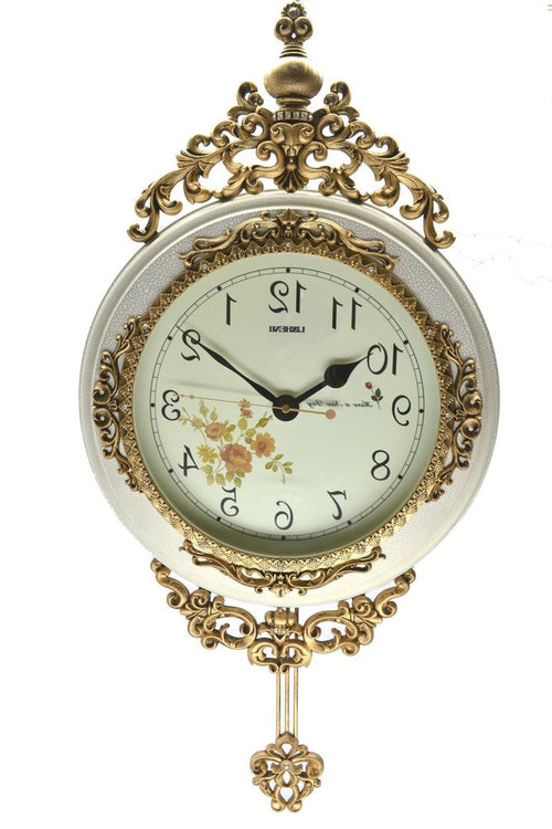 16" Antiqued White And Bronze Resin Silent Pendulum Ornate Oval Wall Clock