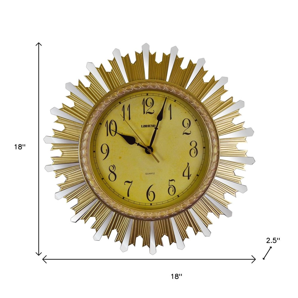 18" Gold And Silver Resin Silent Analog Sunburst Wall Clock