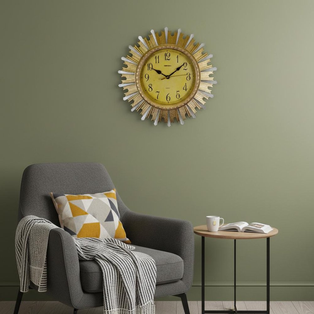 18" Gold And Silver Resin Silent Analog Sunburst Wall Clock