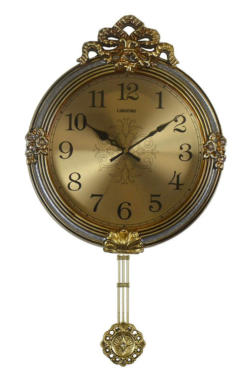 15" Gold And Silver Resin Silent Pendulum Ornate Round Wall Clock