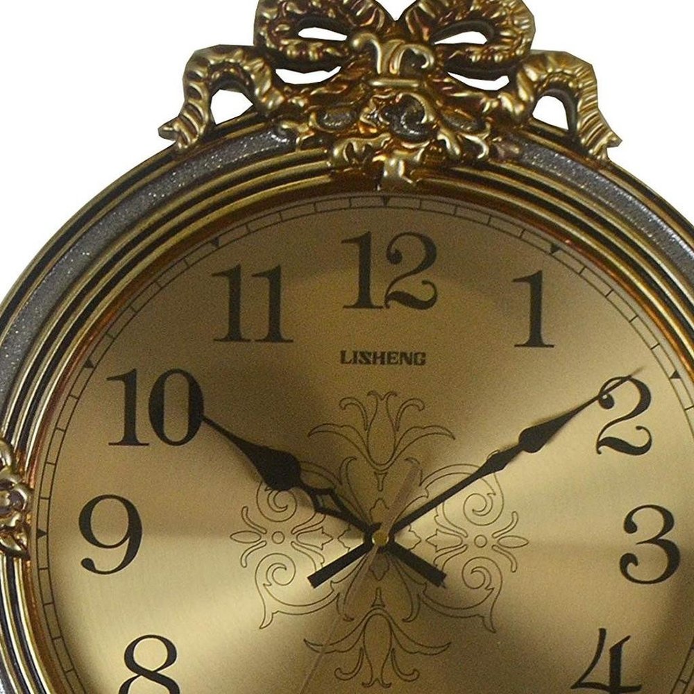 15" Gold And Silver Resin Silent Pendulum Ornate Round Wall Clock