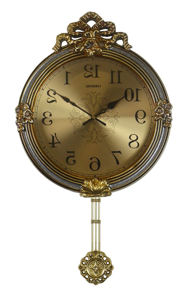 15" Gold And Silver Resin Silent Pendulum Ornate Round Wall Clock