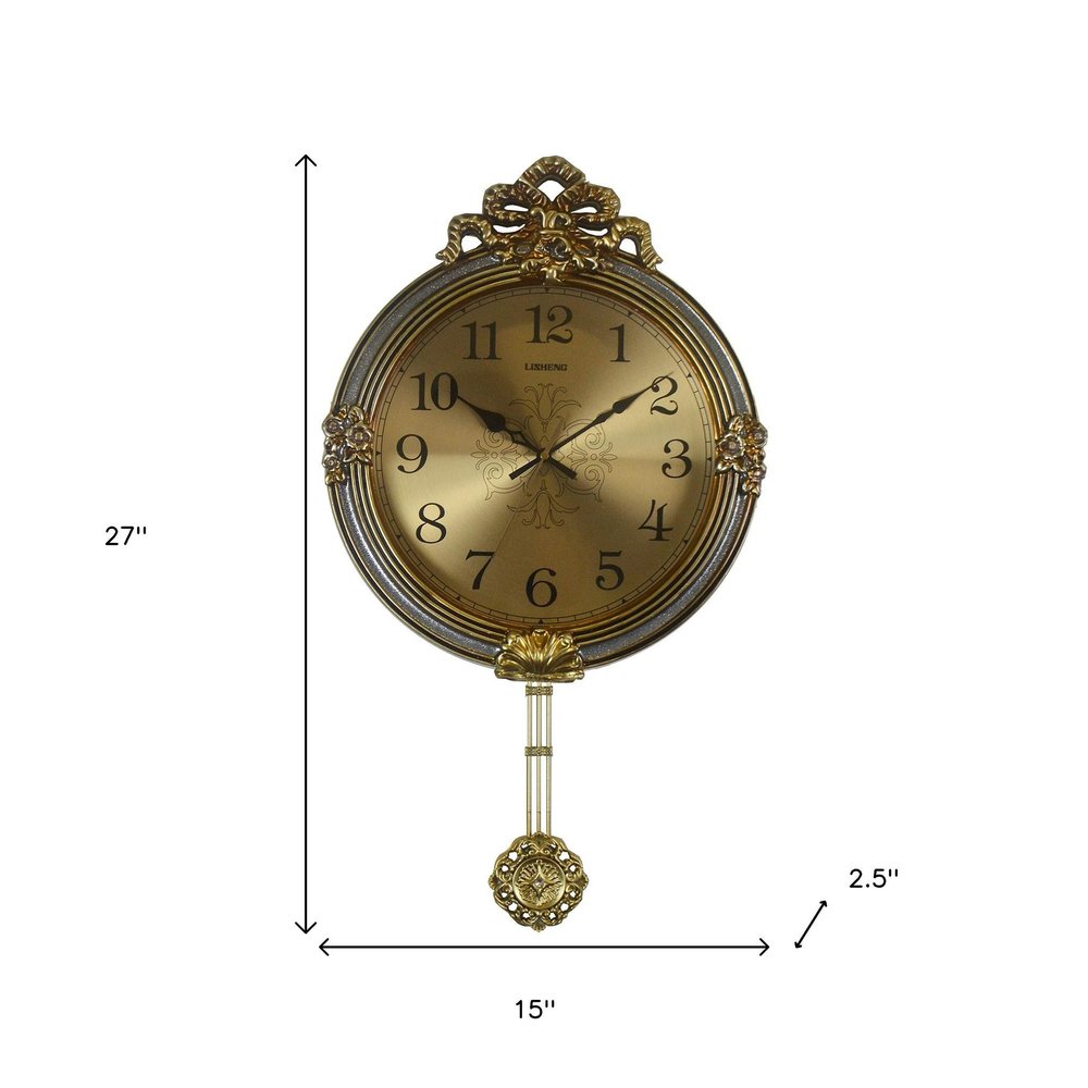 15" Gold And Silver Resin Silent Pendulum Ornate Round Wall Clock
