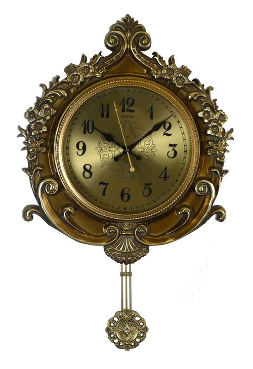 Ornate gold and black resin wall clock with a pendulum, featuring a round face with Roman numerals and decorative floral accents.