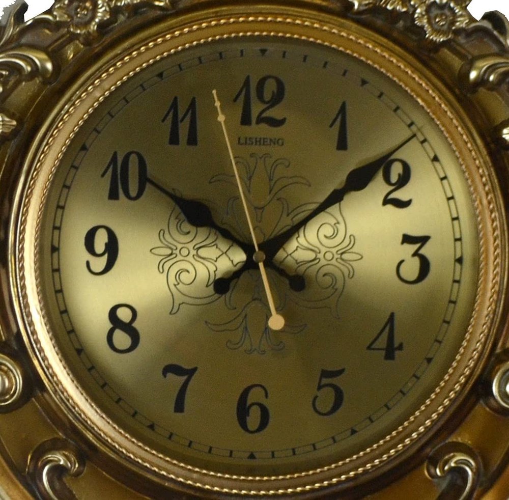 17" Gold And Black Resin Silent Pendulum Ornate Round Wall Clock