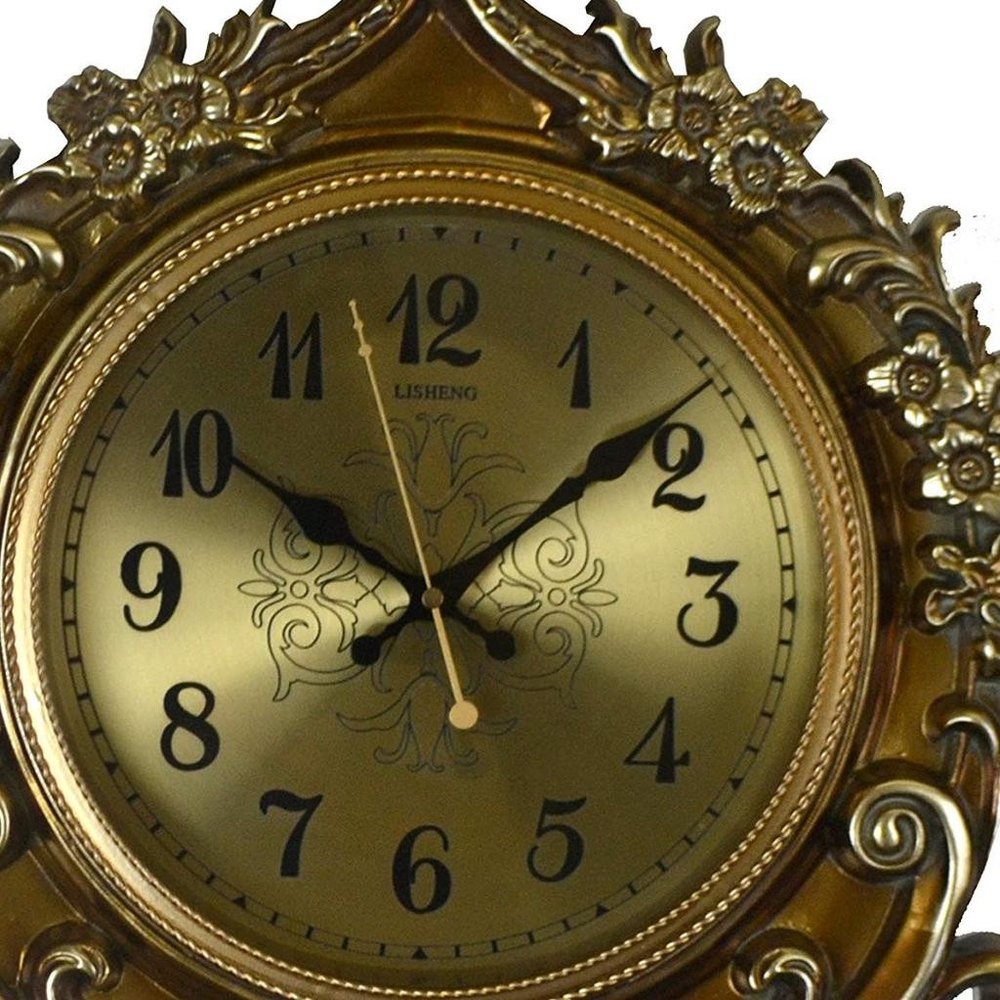 17" Gold And Black Resin Silent Pendulum Ornate Round Wall Clock