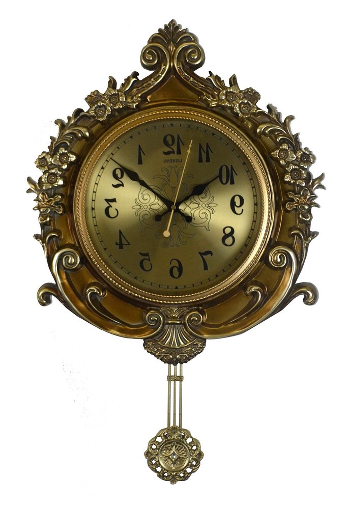 17" Gold And Black Resin Silent Pendulum Ornate Round Wall Clock