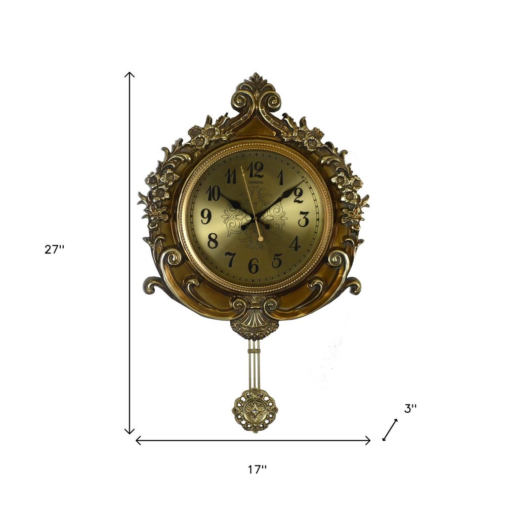 17" Gold And Black Resin Silent Pendulum Ornate Round Wall Clock