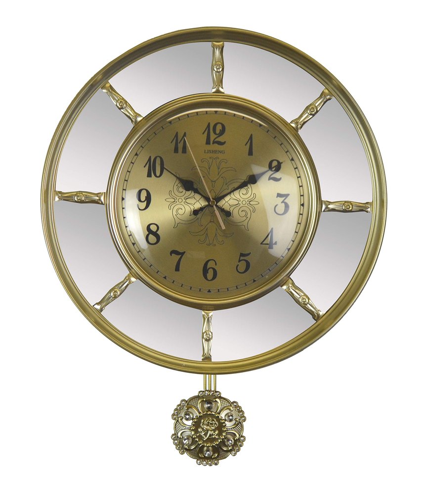 16" Gold And Silver Mirrored Glass And Resin Silent Pendulum Ornate Round Wall Clock