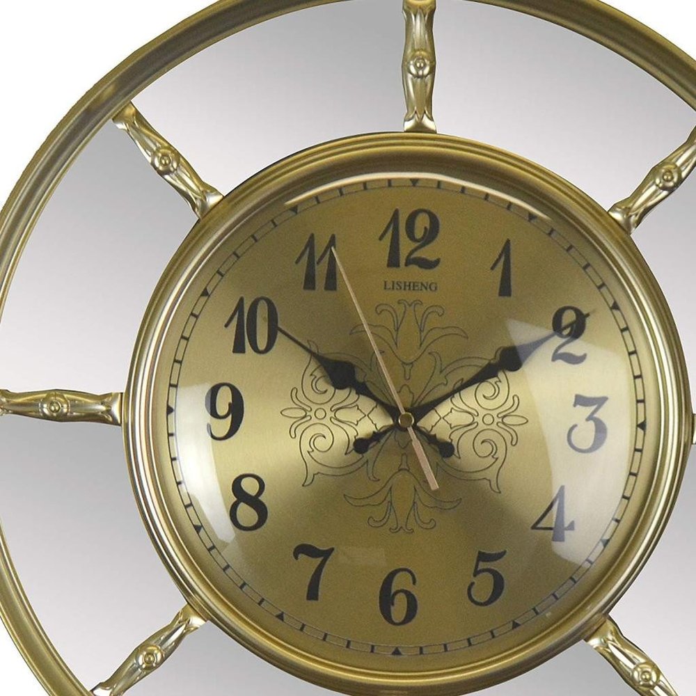 16" Gold And Silver Mirrored Glass And Resin Silent Pendulum Ornate Round Wall Clock