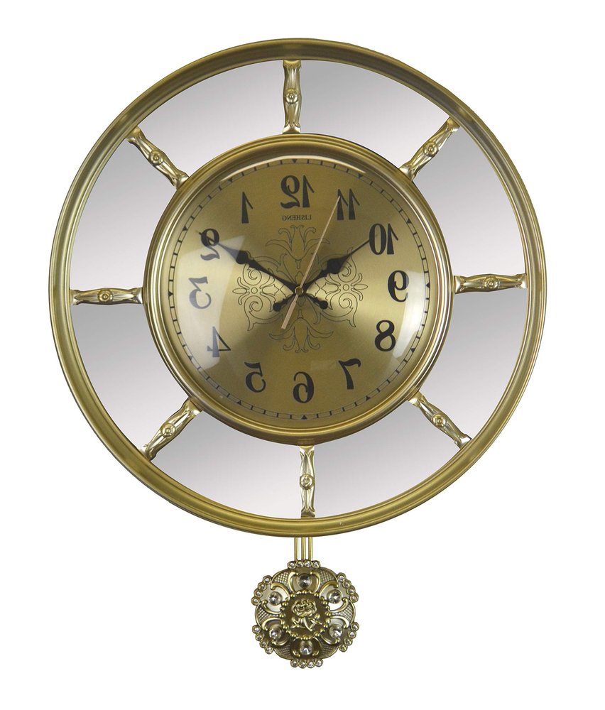 16" Gold And Silver Mirrored Glass And Resin Silent Pendulum Ornate Round Wall Clock