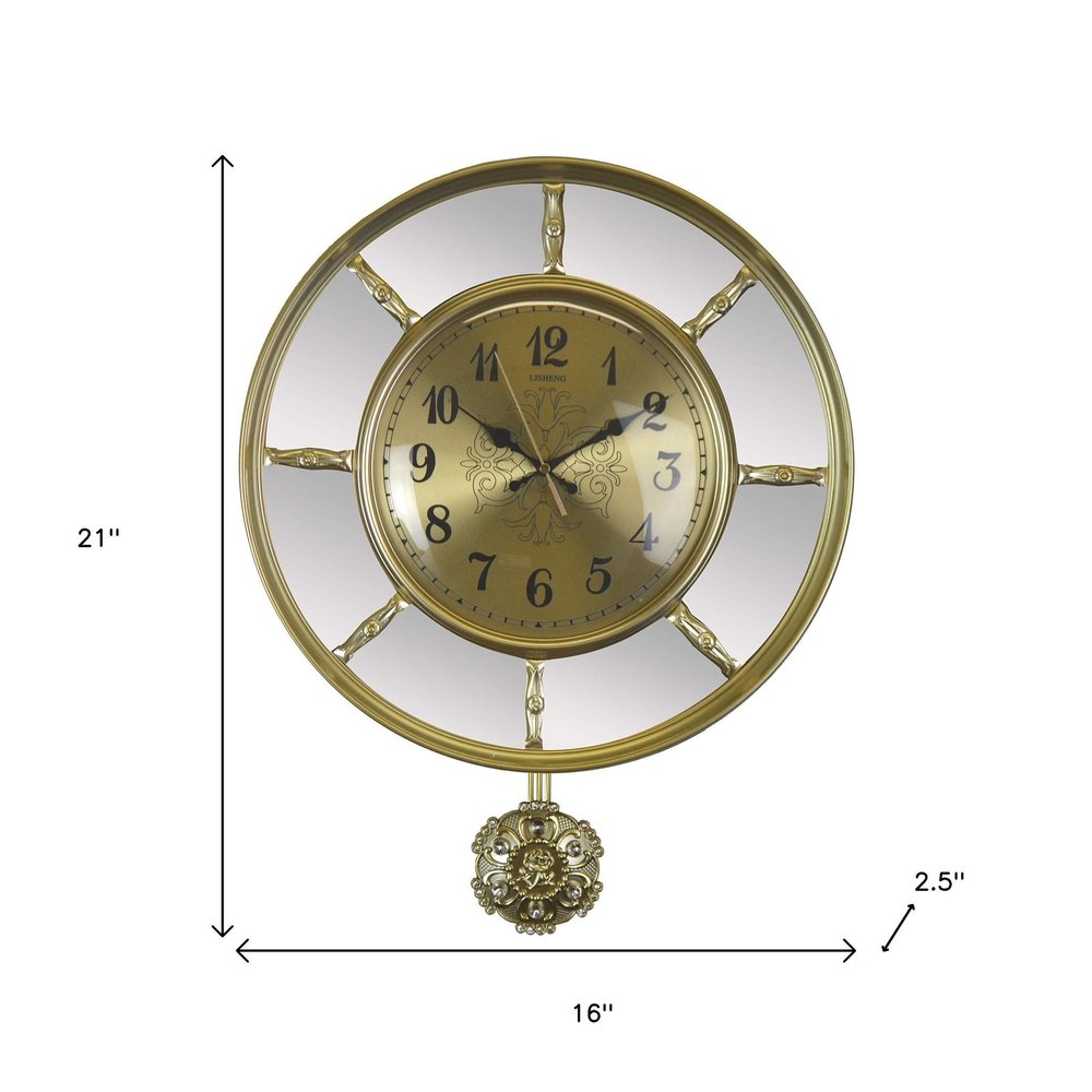 16" Gold And Silver Mirrored Glass And Resin Silent Pendulum Ornate Round Wall Clock