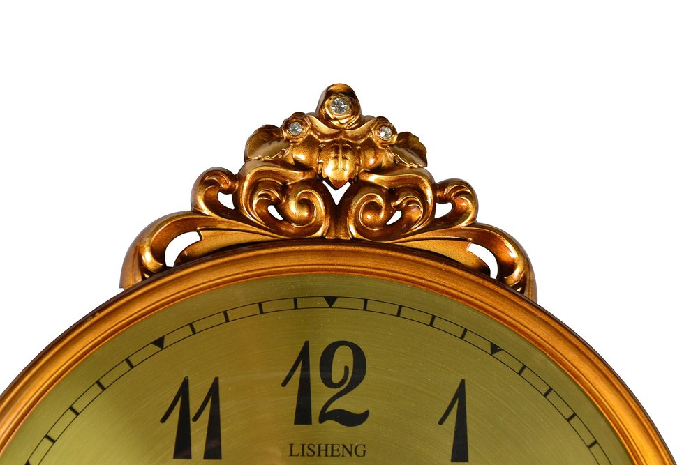 13" Gold And Black Resin Silent Pendulum Ornate Round Wall Clock