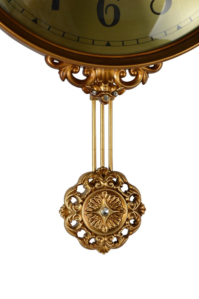 13" Gold And Black Resin Silent Pendulum Ornate Round Wall Clock