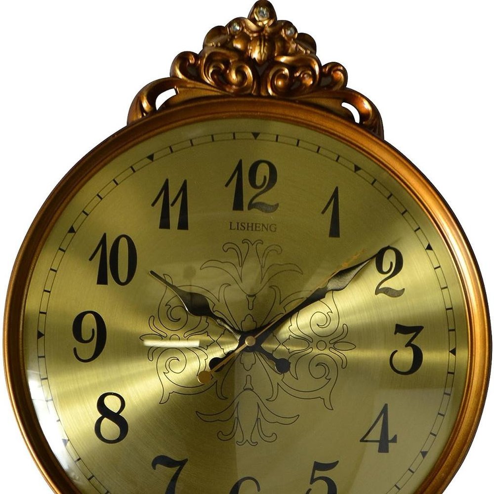 13" Gold And Black Resin Silent Pendulum Ornate Round Wall Clock