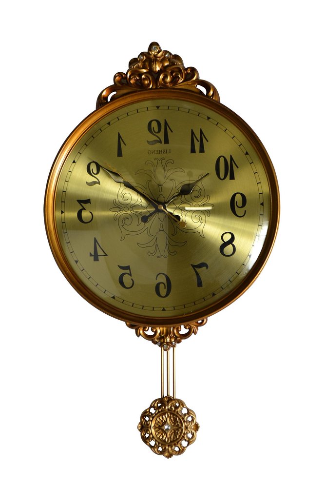 13" Gold And Black Resin Silent Pendulum Ornate Round Wall Clock