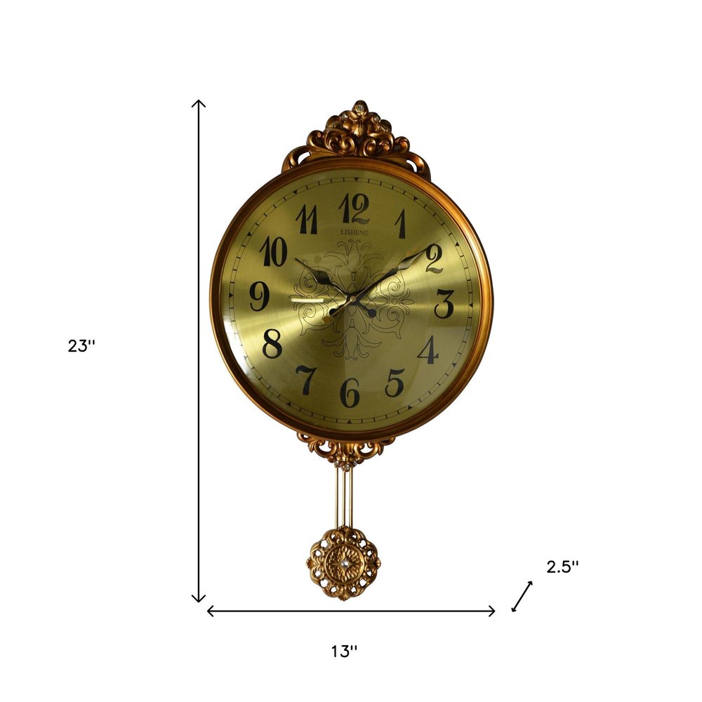 13" Gold And Black Resin Silent Pendulum Ornate Round Wall Clock