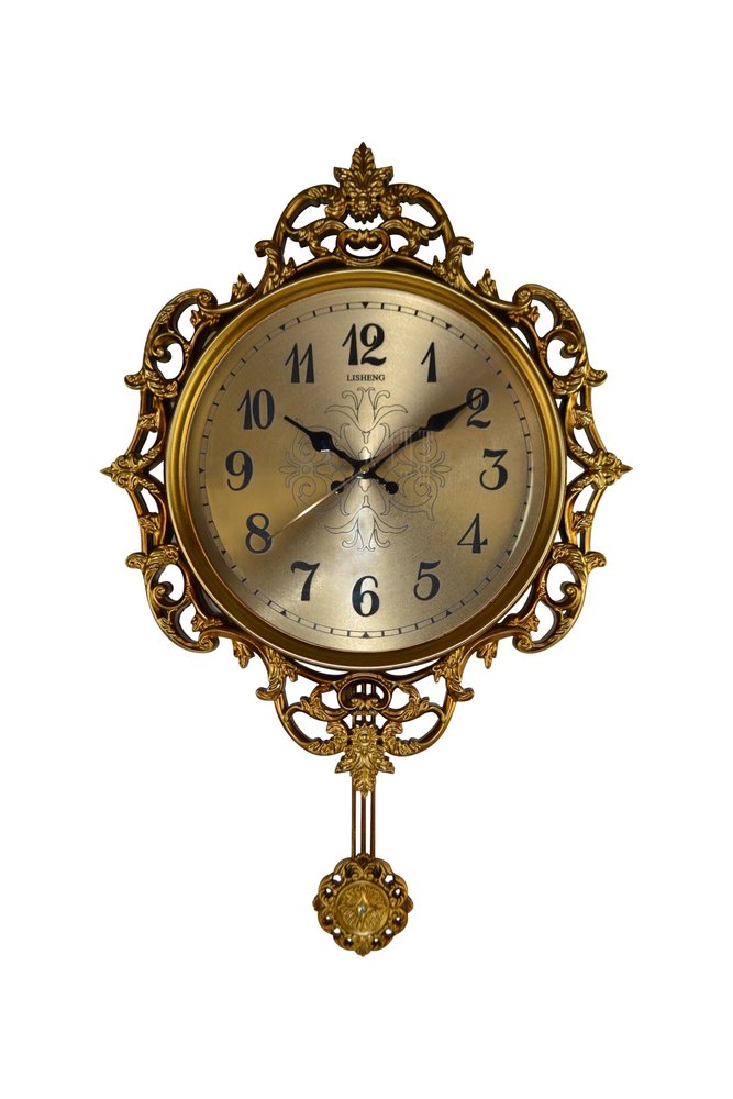 17" Gold And Black Resin Silent Pendulum Ornate Round Wall Clock