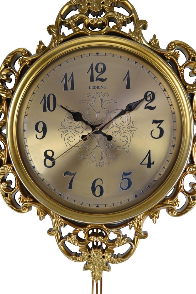 17" Gold And Black Resin Silent Pendulum Ornate Round Wall Clock