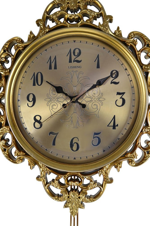 17" Gold And Black Resin Silent Pendulum Ornate Round Wall Clock