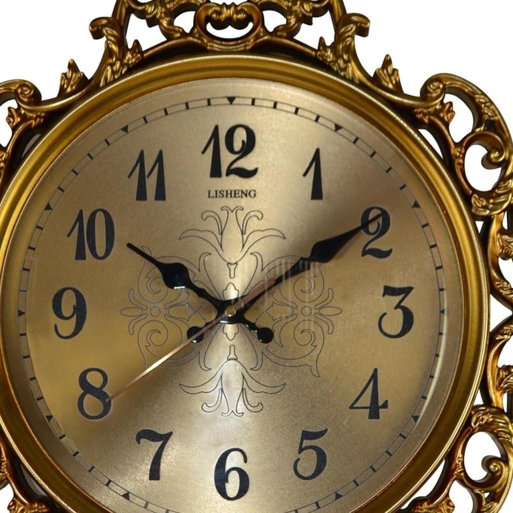 17" Gold And Black Resin Silent Pendulum Ornate Round Wall Clock