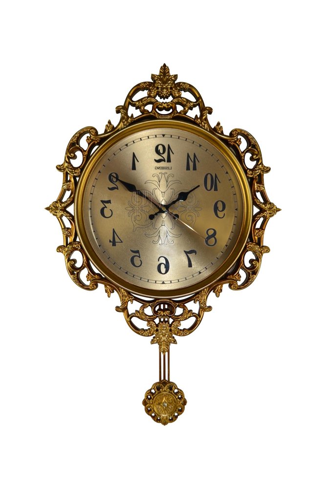 17" Gold And Black Resin Silent Pendulum Ornate Round Wall Clock
