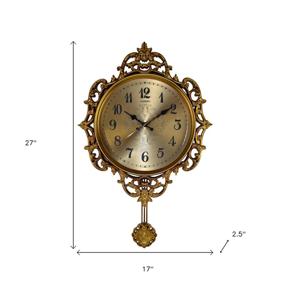 17" Gold And Black Resin Silent Pendulum Ornate Round Wall Clock