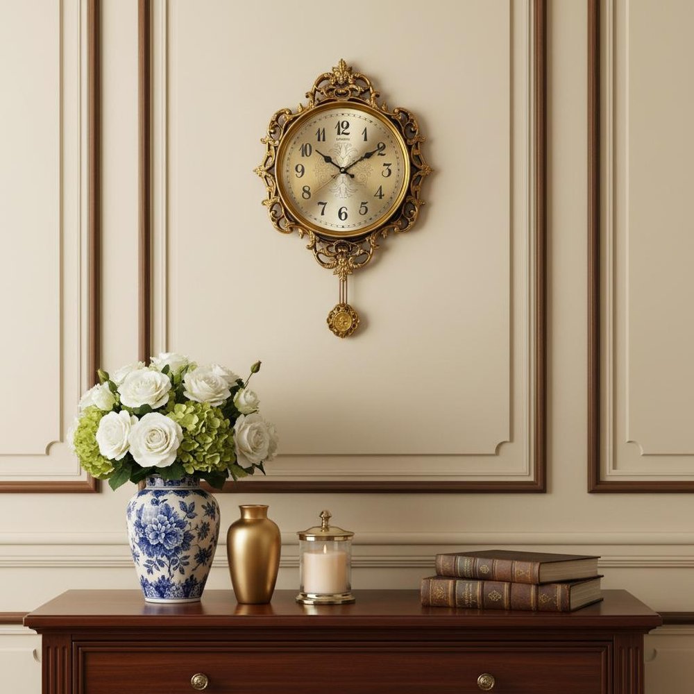 17" Gold And Black Resin Silent Pendulum Ornate Round Wall Clock