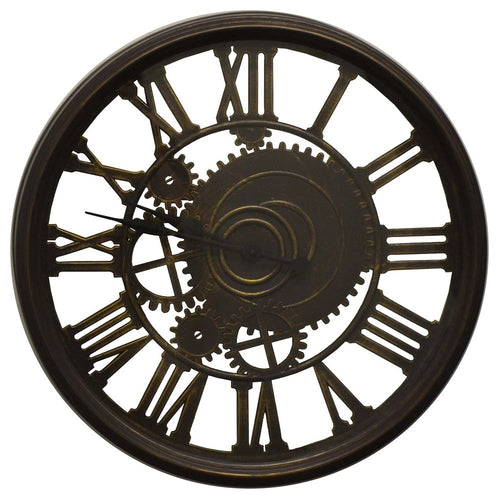 A round, antiqued gold and brown distressed exposed gear wall clock with Roman numerals and black hands on a white background.