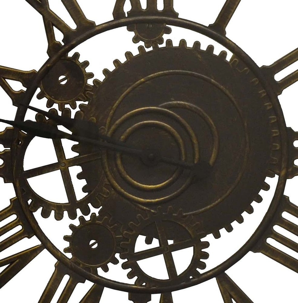 20" Antiqued Gold And Brown Heavy Duty Plastic Silent Skeleton Distressed Exposed Gear Round Wall Clock