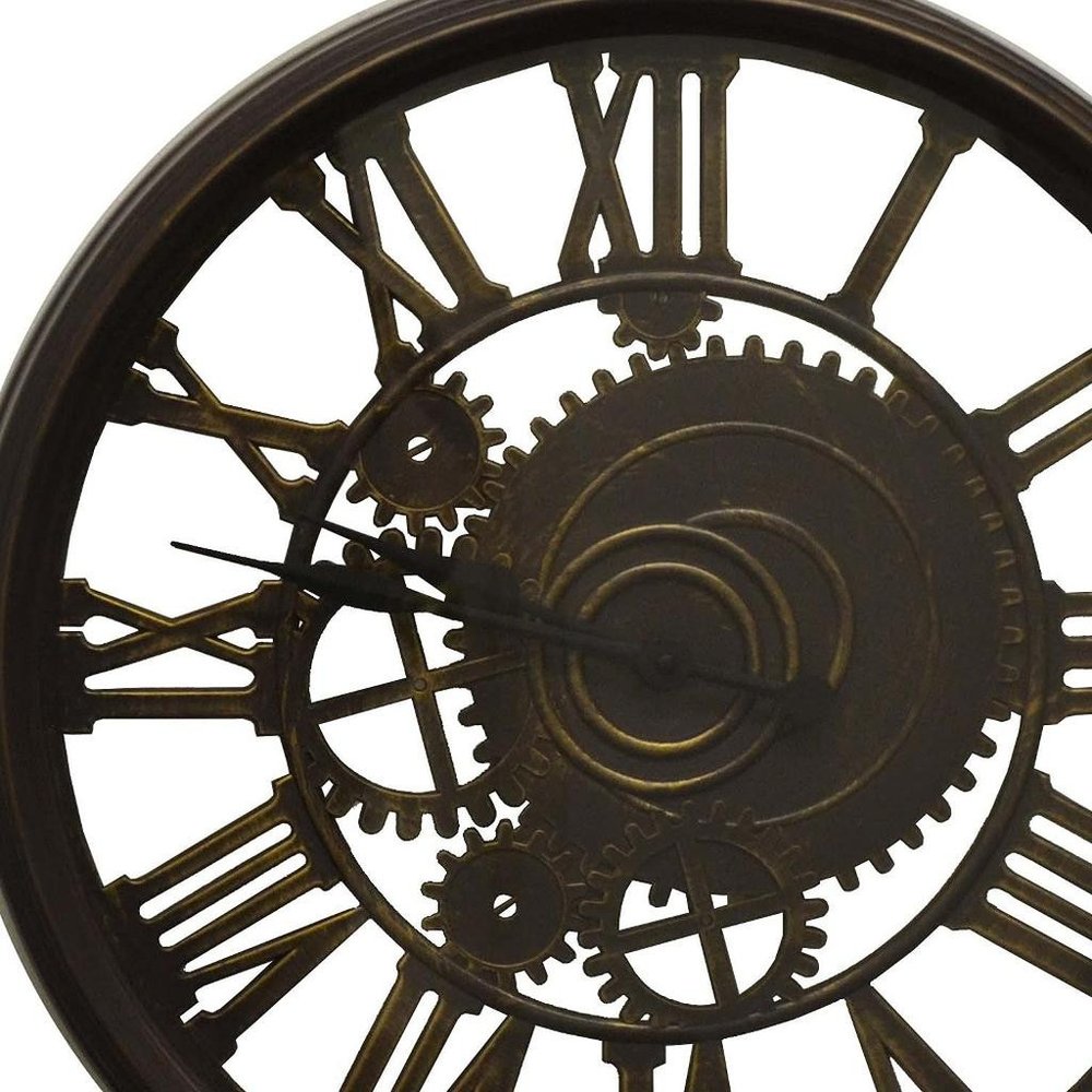 20" Antiqued Gold And Brown Heavy Duty Plastic Silent Skeleton Distressed Exposed Gear Round Wall Clock