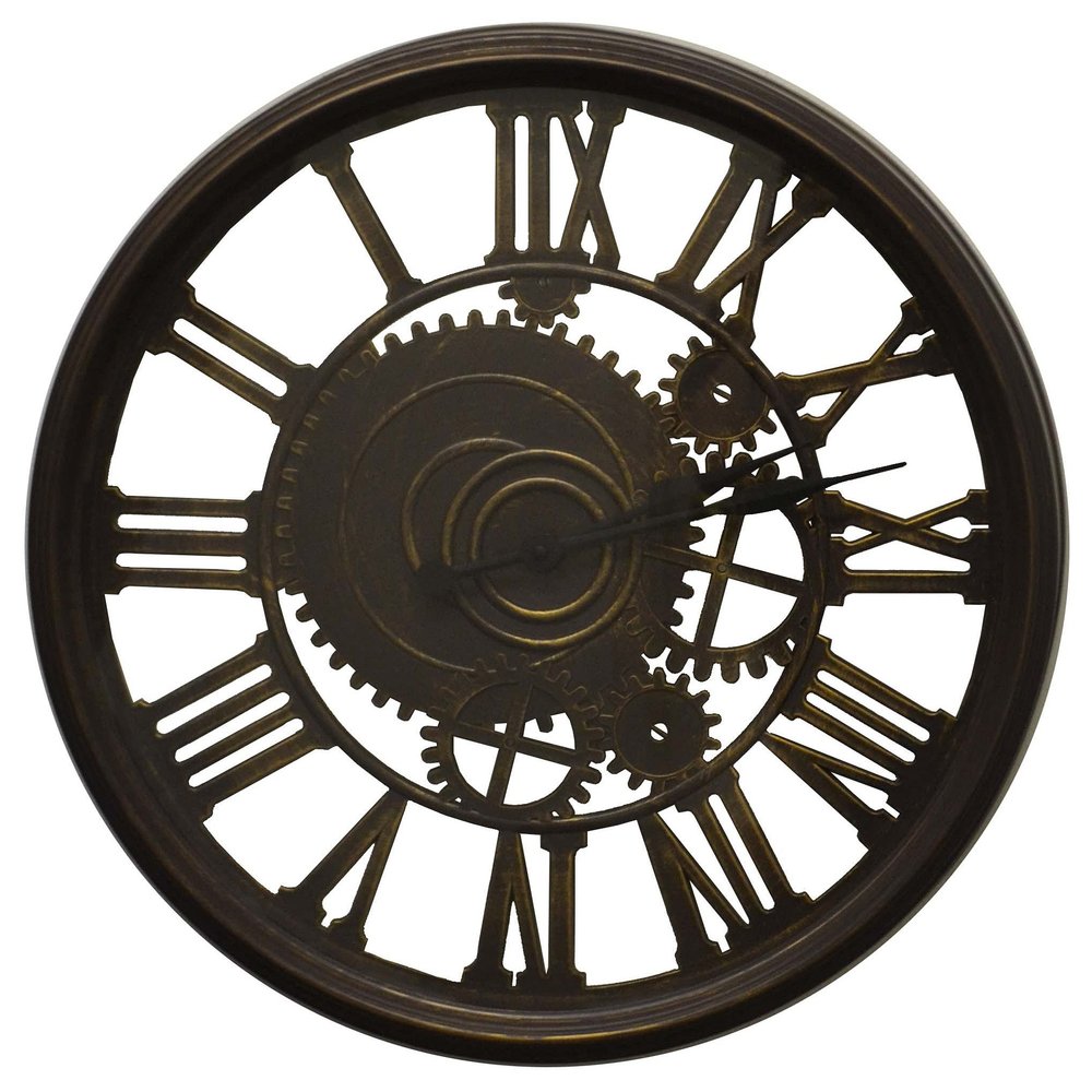 20" Antiqued Gold And Brown Heavy Duty Plastic Silent Skeleton Distressed Exposed Gear Round Wall Clock