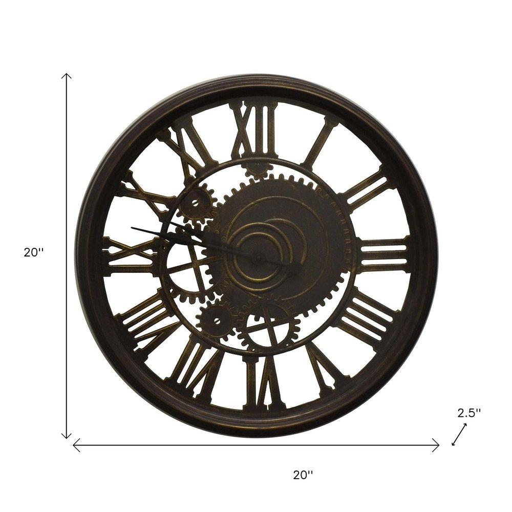 20" Antiqued Gold And Brown Heavy Duty Plastic Silent Skeleton Distressed Exposed Gear Round Wall Clock