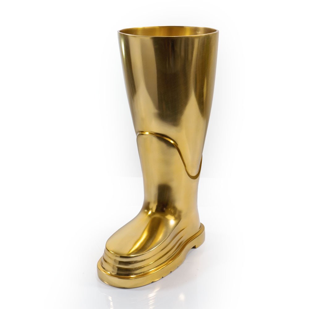 16" Gold Aluminum Firefighter Boot Umbrella Stand. Home product isolated on a plain white background, showing a gold metal surface.