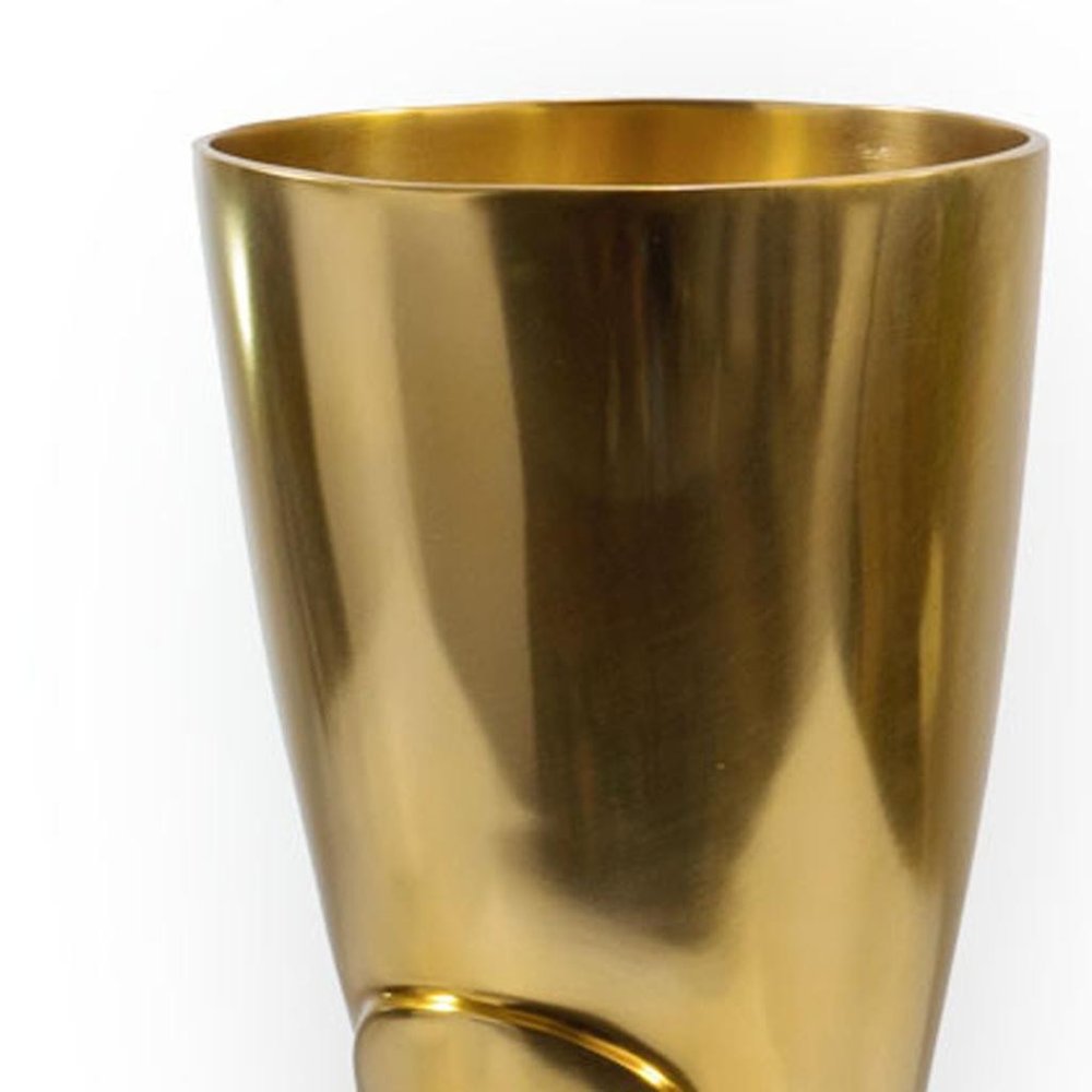 16" Gold Aluminum Firefighter Boot Umbrella Stand. Home product isolated on a plain white background, finished in gold metal.