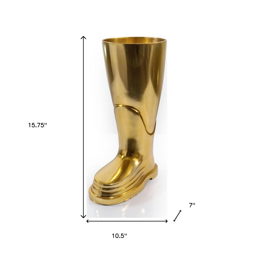 16" Gold Aluminum Firefighter Boot Umbrella Stand. Home product isolated on a plain white background, showing a gold metal surface.
