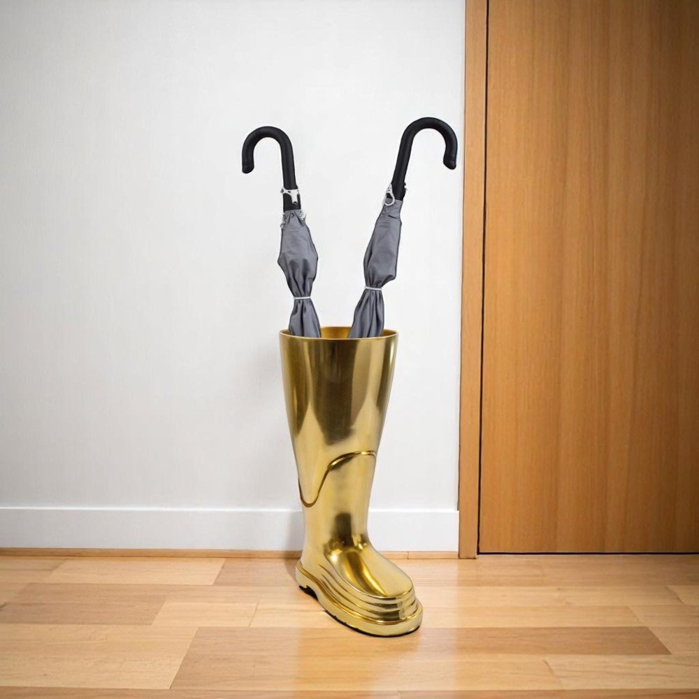 16" Gold Aluminum Firefighter Boot Umbrella Stand. Home product in gold metal.