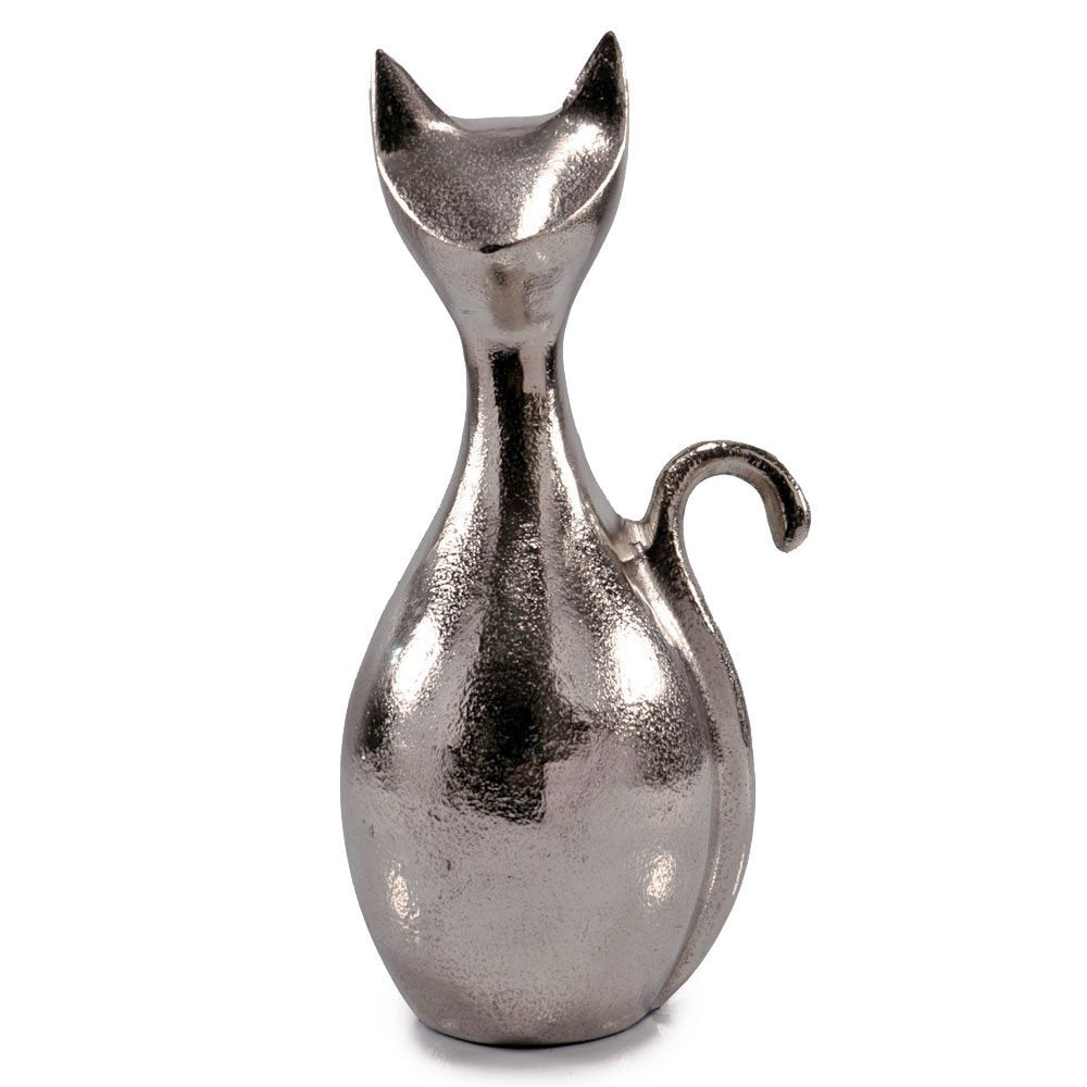 11" Silver Aluminum Cat Tabletop Sculpture. Sculpture isolated on a plain white background, in a silver metal finish.