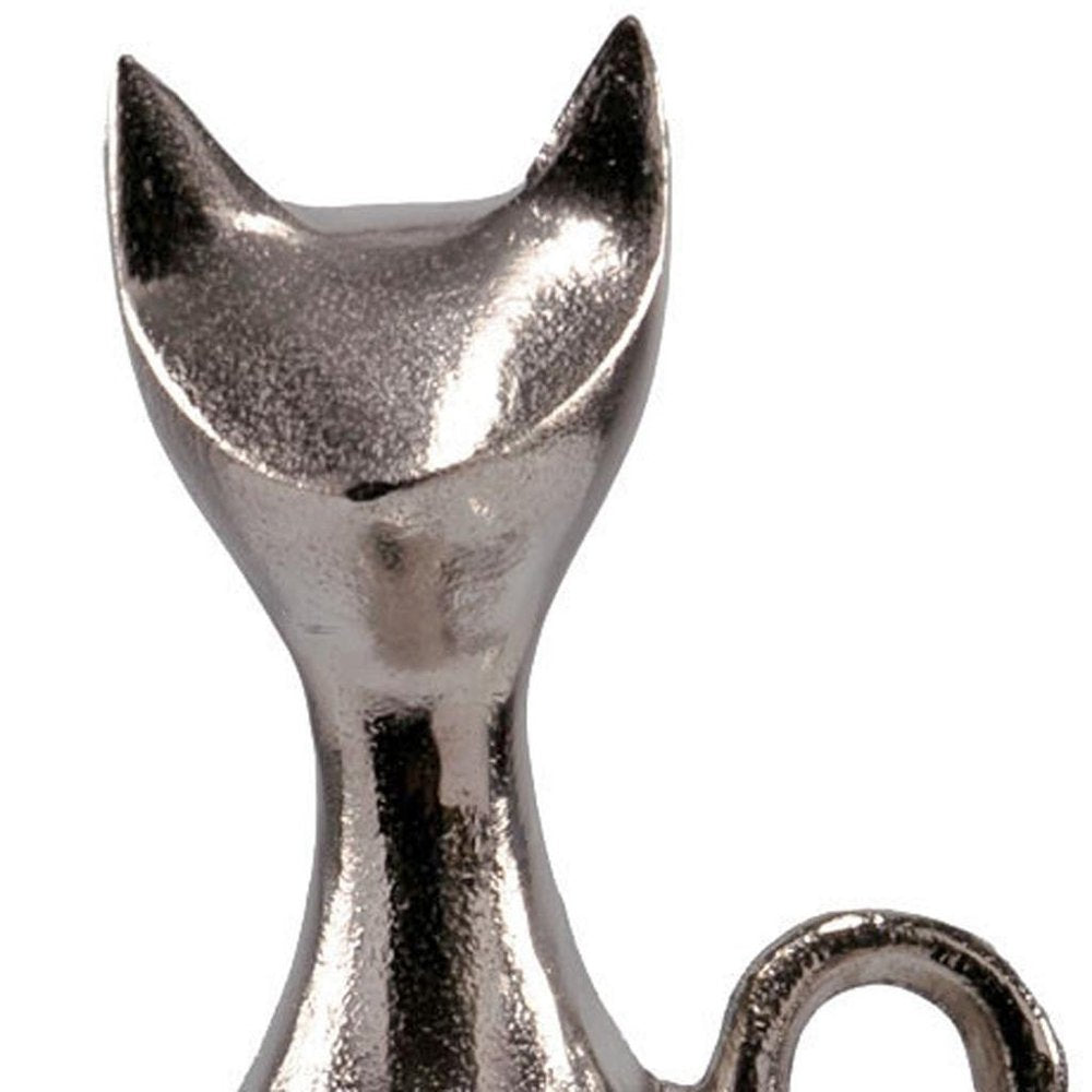 11" Silver Aluminum Cat Tabletop Sculpture. Sculpture isolated on a plain white background, finished in silver metal.