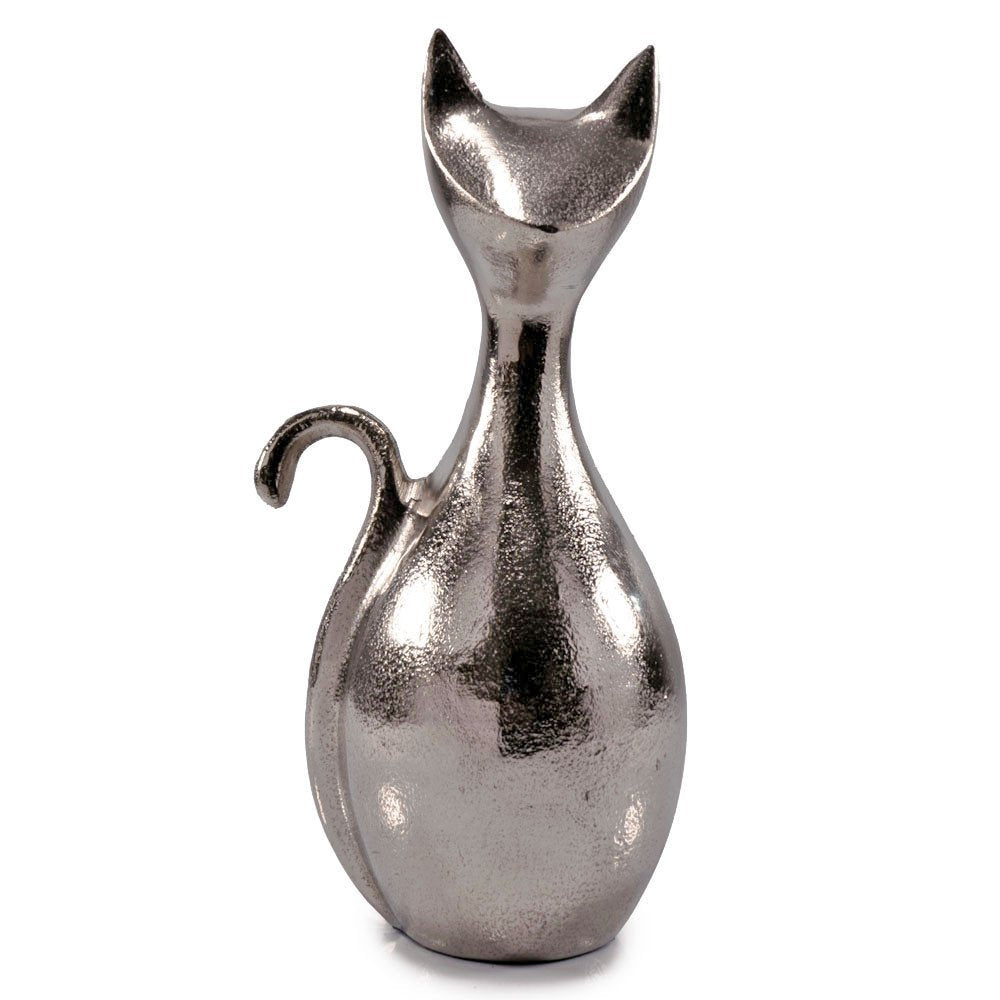 11" Silver Aluminum Cat Tabletop Sculpture. Sculpture isolated on a plain white background, showing a silver metal surface.