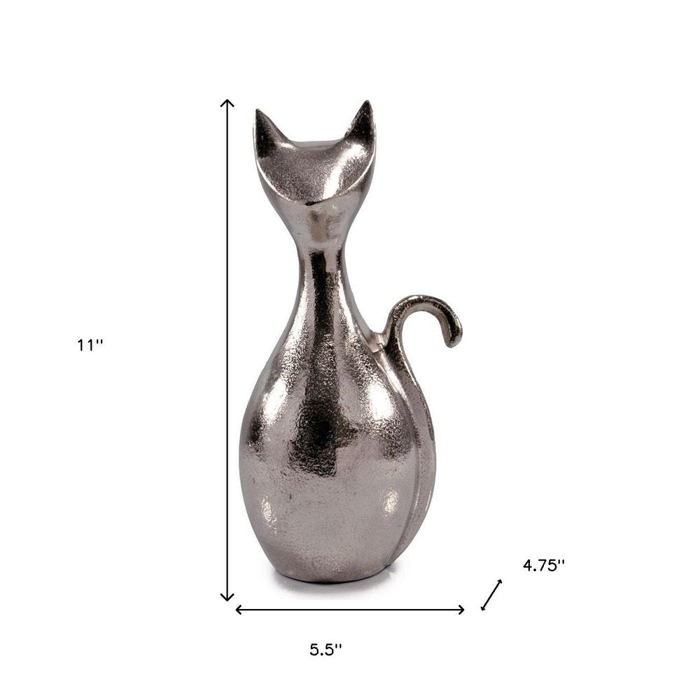 11" Silver Aluminum Cat Tabletop Sculpture. Sculpture isolated on a plain white background, finished in silver metal.