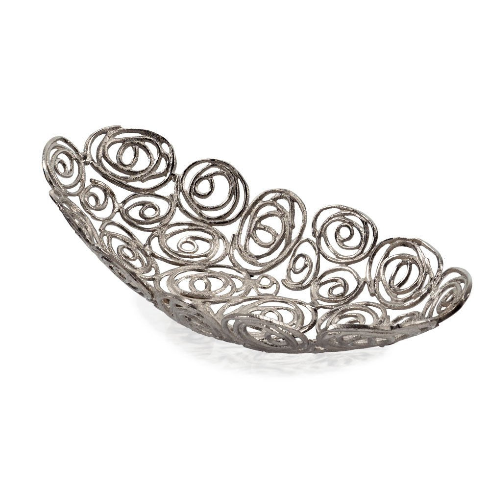 20" Silver Aluminum Abstract Circles Oval Decorative Bowl. Home product isolated on a plain white background, in a silver metal finish.