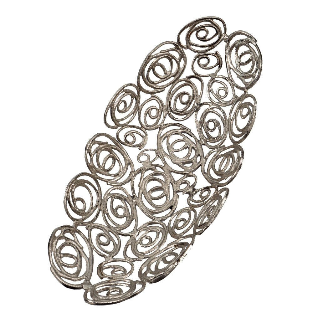 20" Silver Aluminum Abstract Circles Oval Decorative Bowl. Home product isolated on a plain white background, showing a silver metal surface.