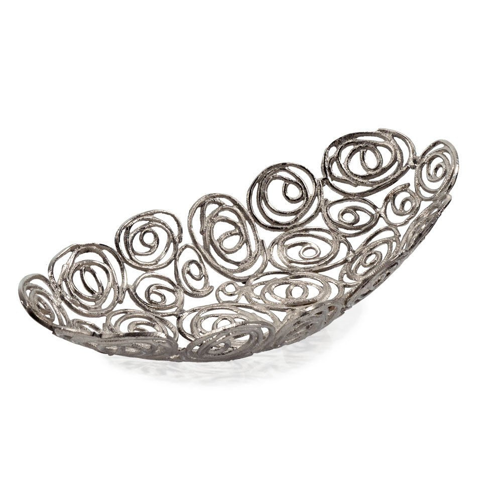 20" Silver Aluminum Abstract Circles Oval Decorative Bowl. Home product isolated on a plain white background, in a silver metal finish.
