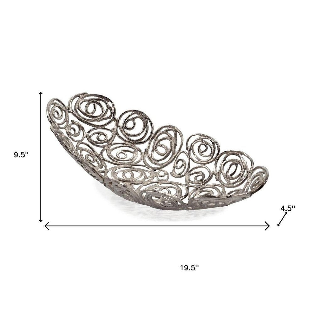 20" Silver Aluminum Abstract Circles Oval Decorative Bowl. Home product isolated on a plain white background, finished in silver metal.