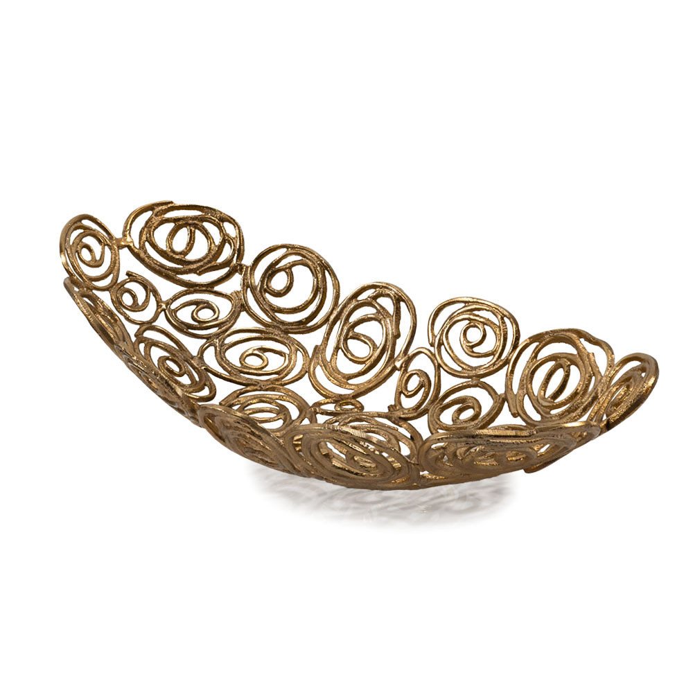 20" Gold Aluminum Abstract Circles Oval Decorative Bowl. Home product isolated on a plain white background, in a gold metal finish.