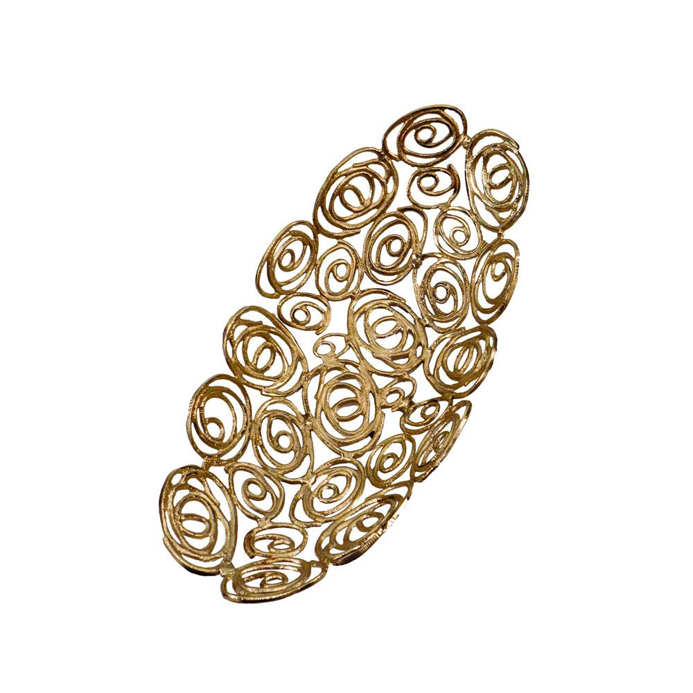 20" Gold Aluminum Abstract Circles Oval Decorative Bowl. Home product isolated on a plain white background, finished in gold metal.