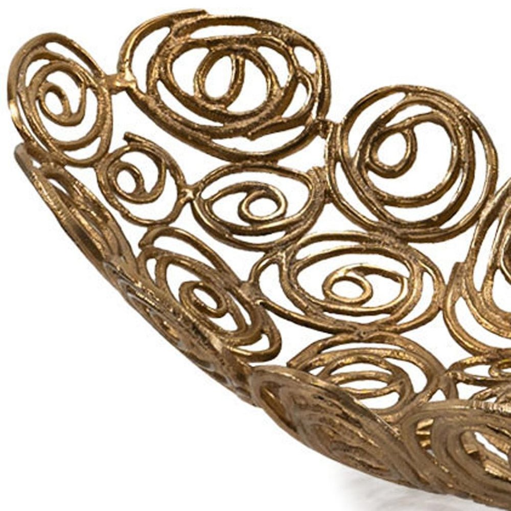 20" Gold Aluminum Abstract Circles Oval Decorative Bowl. Home product isolated on a plain white background, in a gold metal finish.