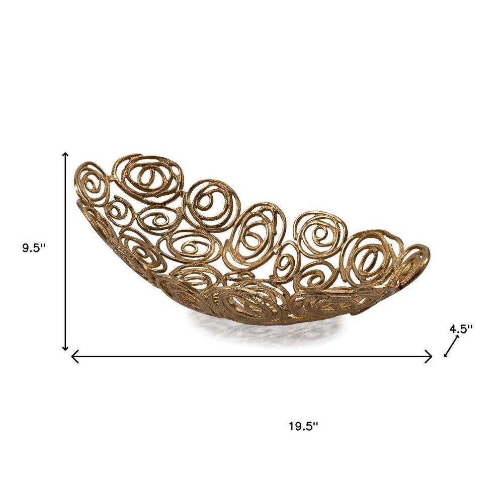 20" Gold Aluminum Abstract Circles Oval Decorative Bowl. Home product isolated on a plain white background, showing a gold metal surface.